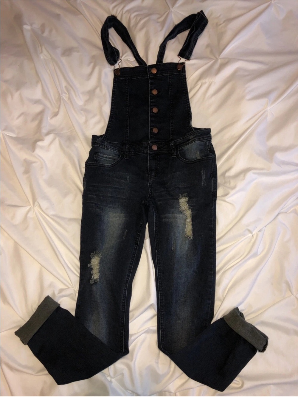 Tinseltown Juniors Dark Wash Ripped Denim Overalls SIZE Small